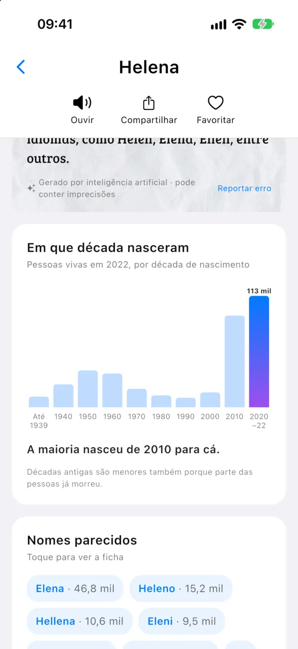 Tela do Namefy: em que década nasceram as pessoas chamadas Helena