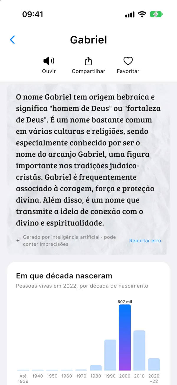 Tela do Namefy: significado e origem do nome Gabriel, com o rótulo de texto gerado por IA
