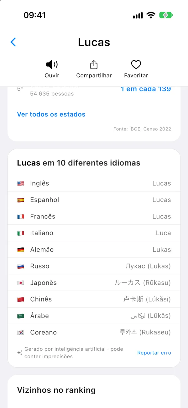 Tela do Namefy: o nome Lucas em 10 idiomas